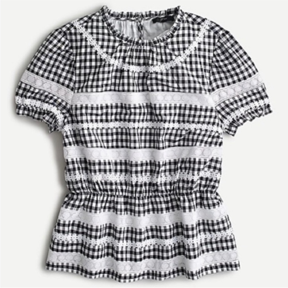 NWT J. Crew Peplum Gingham Embroidered Top Small